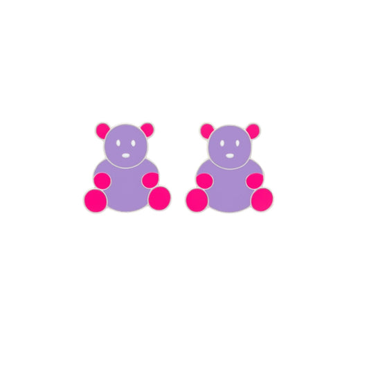 Two purple teddy bear-shaped earrings with pink accents on a white background