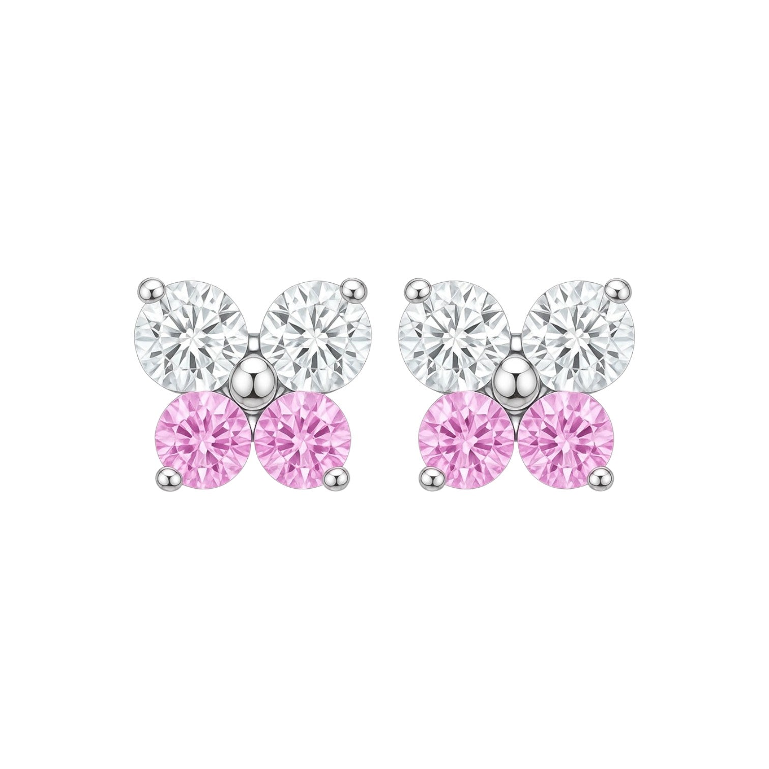 Pair of earrings with butterfly design and pink gemstones on a white background