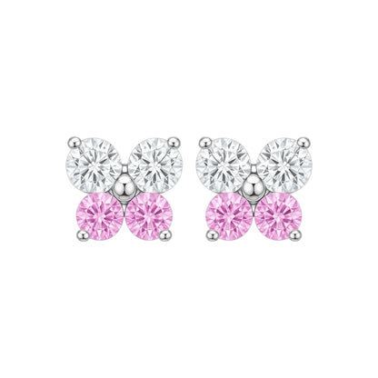 Pair of earrings with butterfly design and pink gemstones on a white background