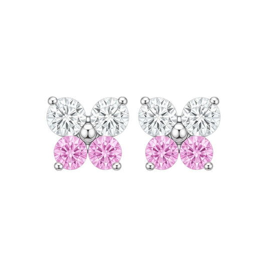 Pair of earrings with butterfly design and pink gemstones on a white background