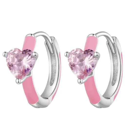 Heart hoop earrings featuring pink enamel and sparkling AAAAA cubic zirconia in heart shape, crafted in 925 sterling silver.