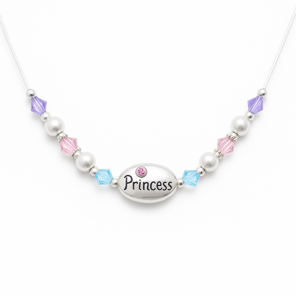 Necklace with 'Princess' pendant and colorful beads on a white background