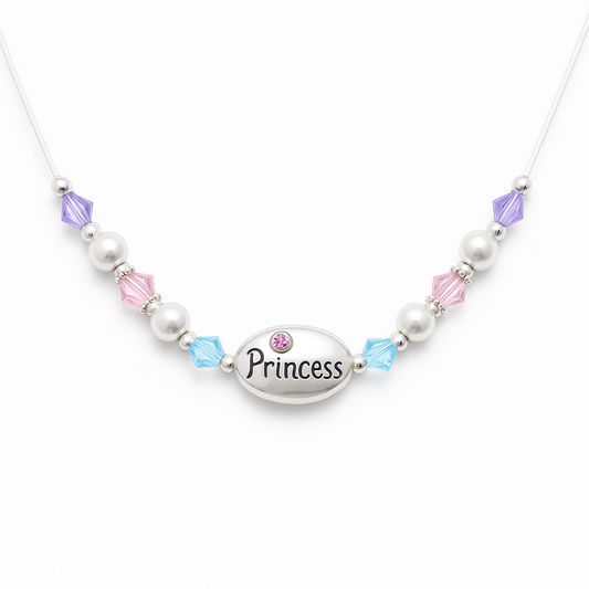 Necklace with 'Princess' pendant and colorful beads on a white background