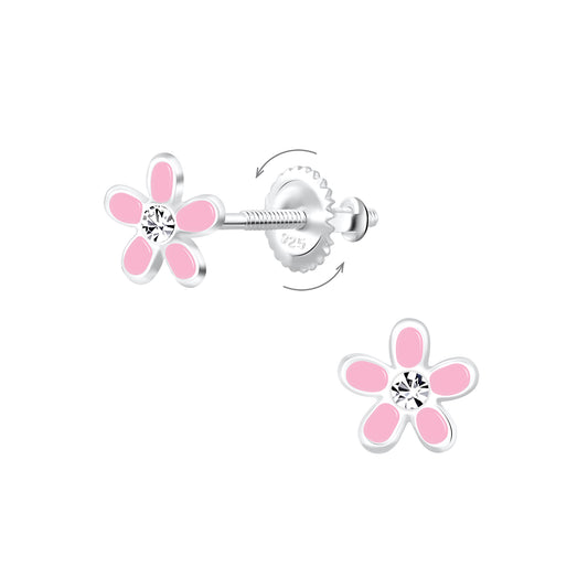 Baby and Children's  Earrings:  Sterling Silver Pink Flowers with Central CZ and Screw Backs