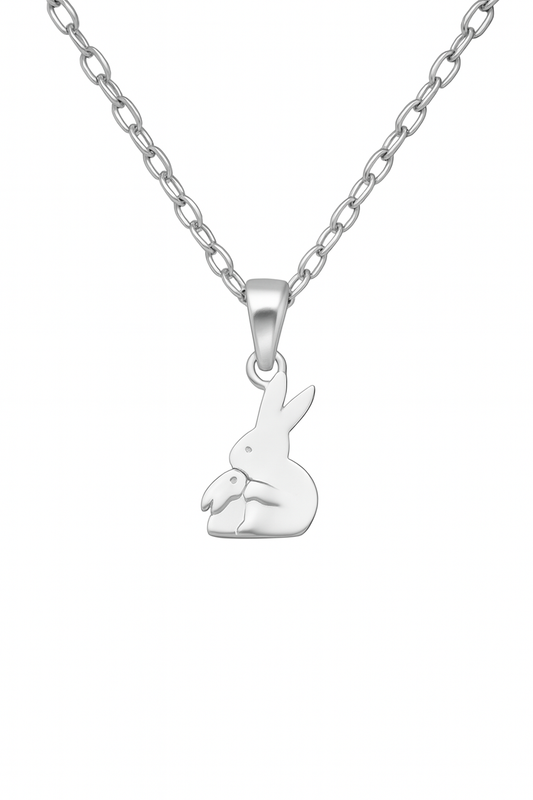 Product image of a silver pendant necklace featuring a rabbit cuddling a smaller bunny, displayed on a delicate silver chain against a clean white background