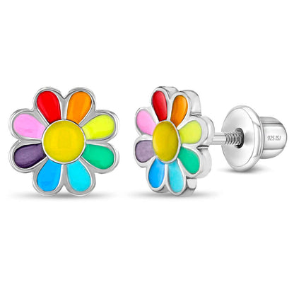 Colorful flower-shaped earrings on a white background