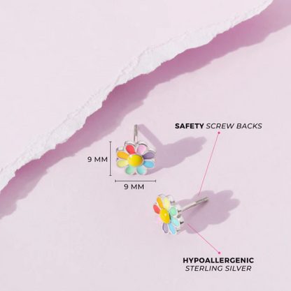 Colorful flower-shaped earrings with safety screw backs on a light purple background