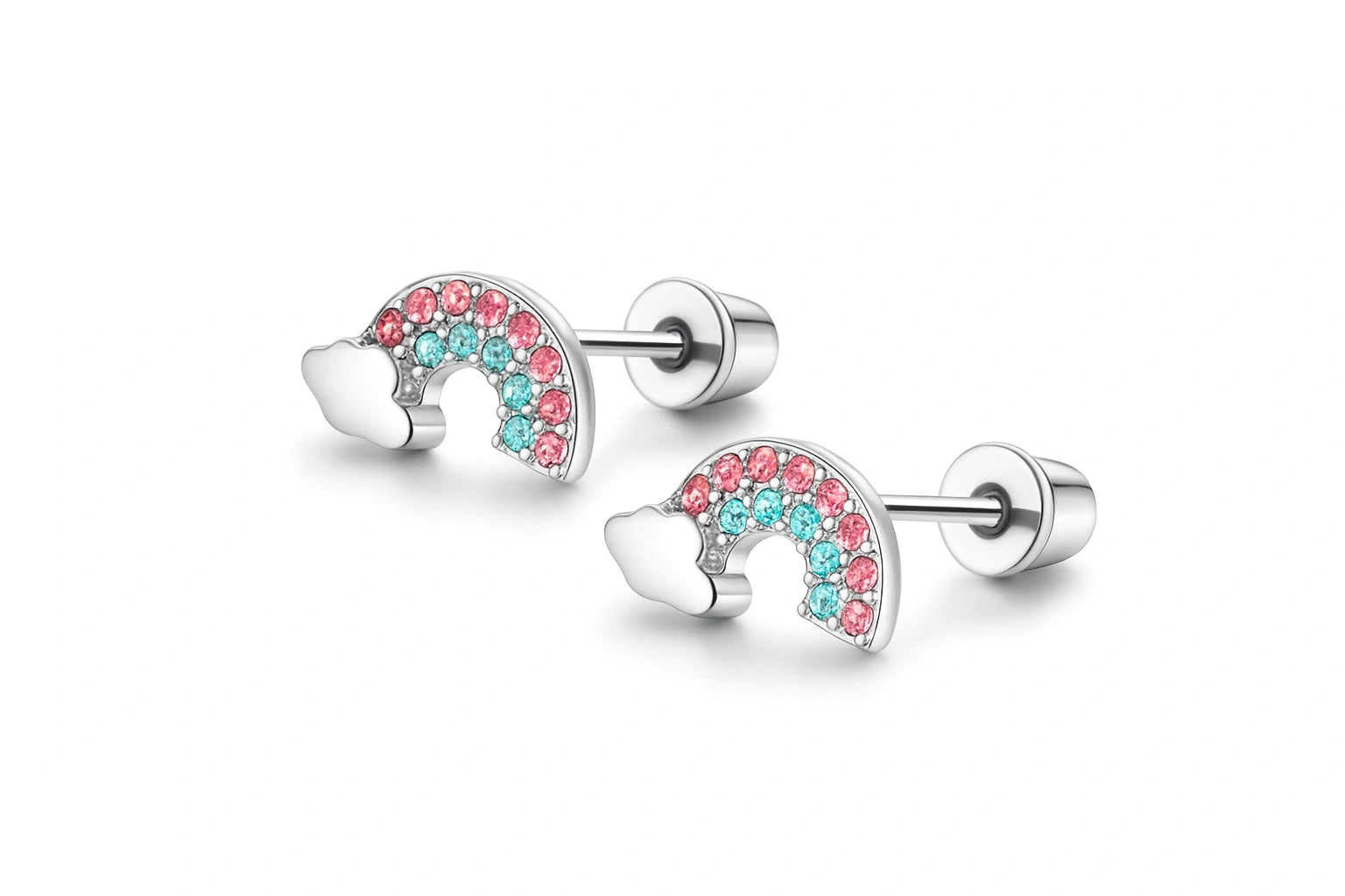 Rainbow-colored earrings on a white background