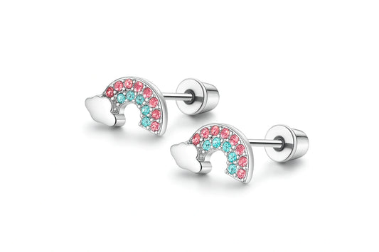 Rainbow-colored earrings on a white background