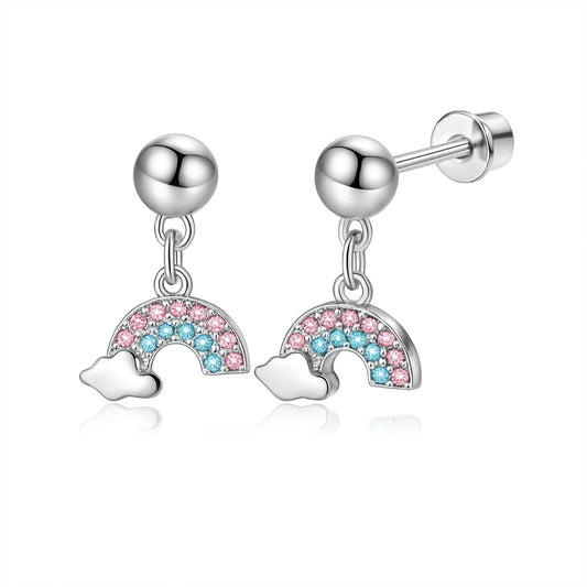 Rainbow dangle earrings featuring pink and blue CZ with surgical steel screw backs for children and teens.