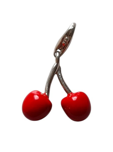 Two bright red resin charms in the shape of cherries with a silver-tone cap and loop on a white background.