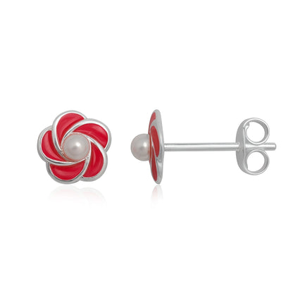 Silver earrings with red and white floral design on a white background