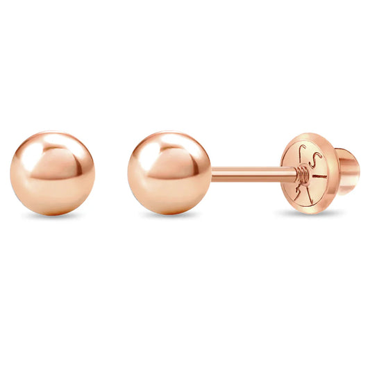 Children's earrings – 14k solid rose gold ball stud screw backs, 5mm elegant design.