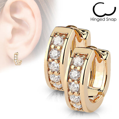 Rose gold CZ huggies featuring white AAA cubic zirconia, designed for safety and style for young ears.