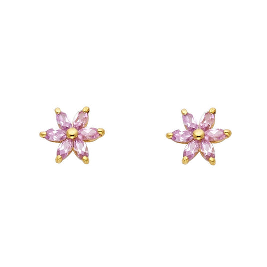 Children's and Teens' Earrings:  14k Gold Pink AAA CZ Flower Screw Back Earrings with Gift Box