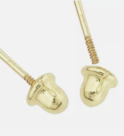 14k yellow gold earring posts with screw thread and bell shaped screw on backs on a white background