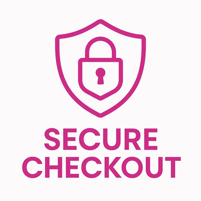 Pink 'Secure Checkout' logo with a shield and lock on a white background