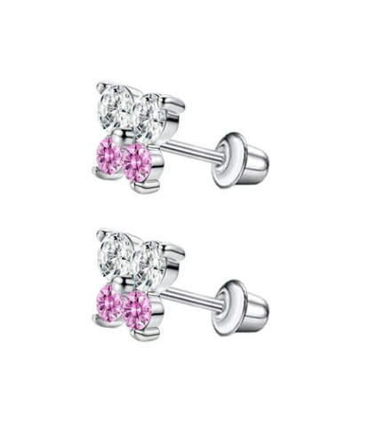 Children's Earrings:  Surgical Steel Butterflies with Pink and White CZ and Screw Backs and Gift Box