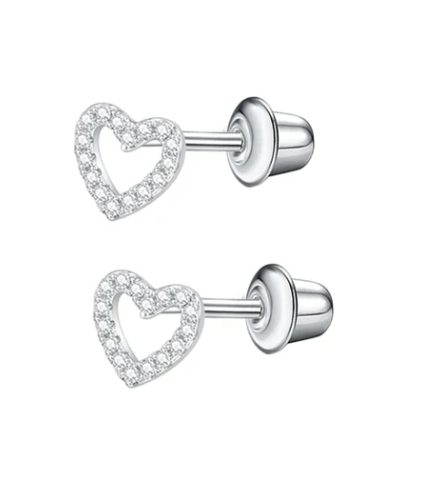 Children's Earrings:  Surgical Steel Open Hearts with Clear CZ and Screw Backs and Gift Box