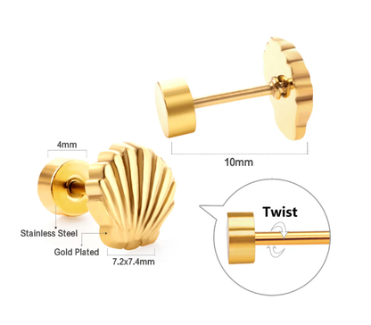 Children's and Teens' Earrings: Clam Shell Studs – 18K Gold Plated Stainless Steel with Twist-On Backs