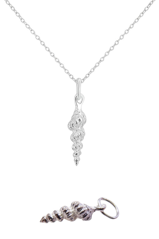 Silver necklace with a spiral shell pendant on a white background