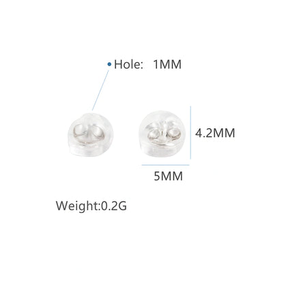 Sterling silver silicone earring backs showing dimensions, featuring a hole of 1MM, weight of 0.2G.
