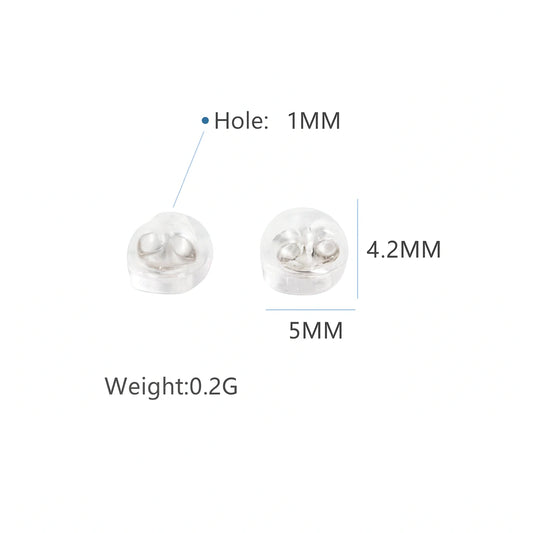 Sterling silver silicone earring backs showing dimensions, featuring a hole of 1MM, weight of 0.2G.