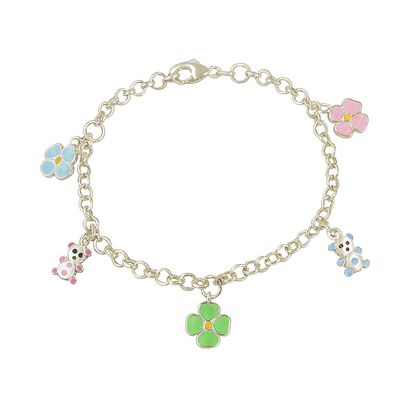 Flat-lay product shot of a sterling-silver charm bracelet on a crisp white background, featuring a circular link chain with five enamel charms: a central pale green daisy, two pastel flowers in baby blue and soft pink, and two small teddy bears with pink and blue accents, finished with a lobster-clasp closure.