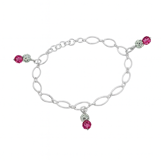 Silver bracelet with pink beads on a white background