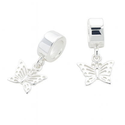 Product image of a pair of sterling silver butterfly dangle charms displayed on a white background. Each charm features a polished cylindrical bail and a detailed openwork butterfly pendant, shown from two angles to highlight both the front view and side perspective