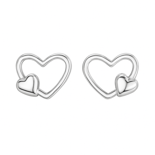 Pair of silver heart-shaped earrings on a white background