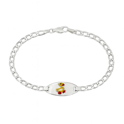Silver bracelet with a child's ID tag featuring a yellow enamel duck on a white background