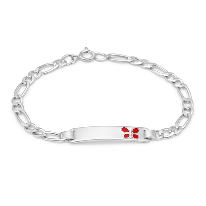 Silver bracelet with a red enamel butterfly charm on a white background