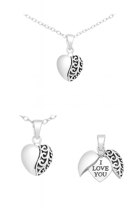 Composite product image of a silver heart locket necklace shown from three angles: worn on a chain, closed to display its ornate filigree half design, and opened to reveal an inner heart inscribed with the words 'I LOVE YOU', all against a white background