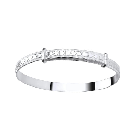 A sterling silver children's bangle with embossed hearts and a bead border, adjustable closure.