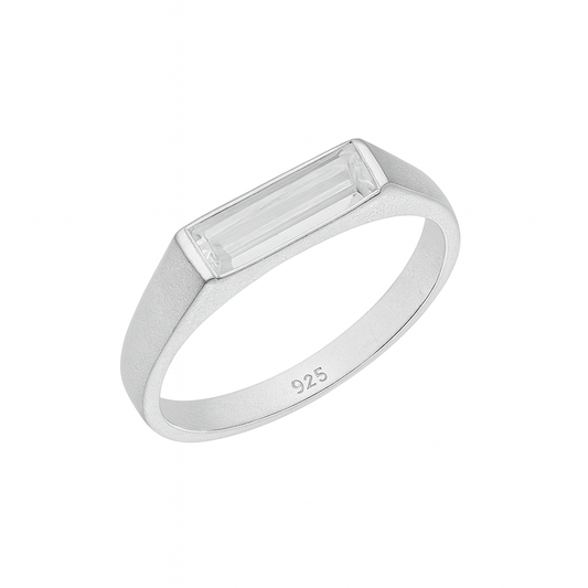 Silver ring with a rectangular stone on a white background
