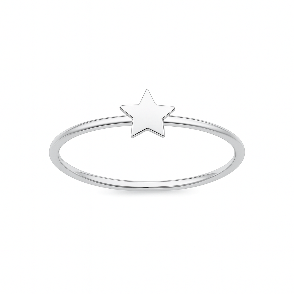 Silver ring with a star-shaped pendant on a white background