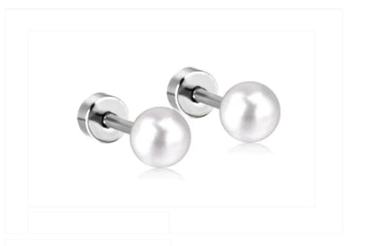 A pair of screw back earrings with pearl-like studs and metallic rods.
