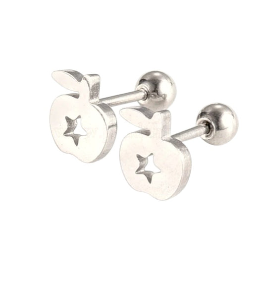 silver steel apple shaped stud earrings with a star cut out and ball shaped screw backs