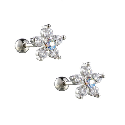 A pair of silver-coloured surgical steel earrings with clear cubic zirconia petals and an aurora borealis centre, attached with screw backs.