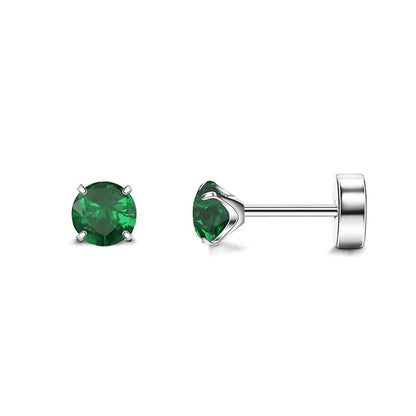 Pair of emerald green cubic zirconia birthstone stud earrings on a white background