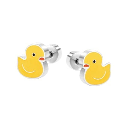 Yellow rubber duck-shaped earrings on a white background