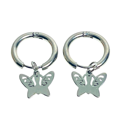 Pair of silver hoop earrings with butterfly charms on a white background