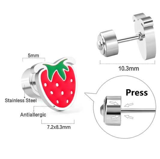 Strawberry-shaped earrings with measurements and details on a white background