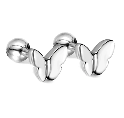 Silver butterfly-shaped earrings on a white background