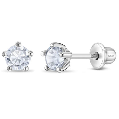 Sterling Silver Birthstone Stud Earrings for Girls with Screw Backs featuring sparkling clear cubic zirconia for April