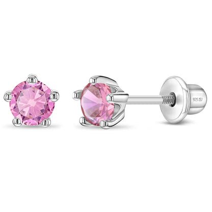 Sterling Silver Birthstone Stud Earrings for Girls with Screw Backs featuring pink tourmaline cubic zirconia for October