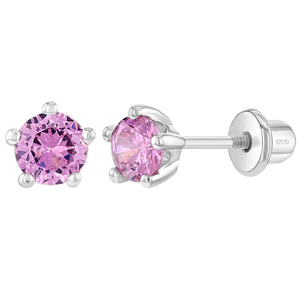 Children's Earrings:  Sterling Silver Pink CZ 5 Prong Set 4mm Screw Back Earrings with Screw Backs