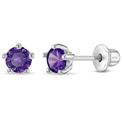 Sterling Silver Birthstone Stud Earrings for Girls with Screw Backs featuring Amethyst cubic zirconia for February
