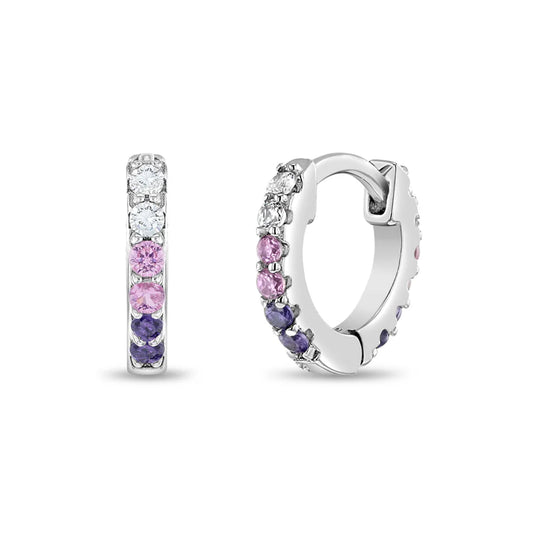Children's earrings: Sterling silver huggie hoops with paved pink and purple cubic zirconia stones.
